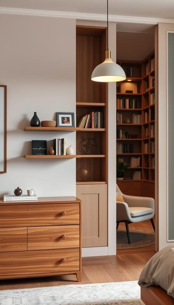 An elegant bedroom with a focus on smart storage solutions. In the foreground, a minimalist wooden dresser with multiple drawers, perfectly sized for a small space. In the middle ground, a floating wall-mounted shelving unit displays decorative items and neatly organizes books and knick-knacks. The background features a cozy reading nook with a comfortable armchair and floor-to-ceiling bookshelves, creating a sense of calm and productivity. Soft, diffused lighting from a pendant fixture above casts a warm glow, complementing the natural wood tones. The overall atmosphere is one of tranquility and efficient organization, perfectly capturing the essence of "Conquer Clutter with Smart and Stylish Storage Solutions".