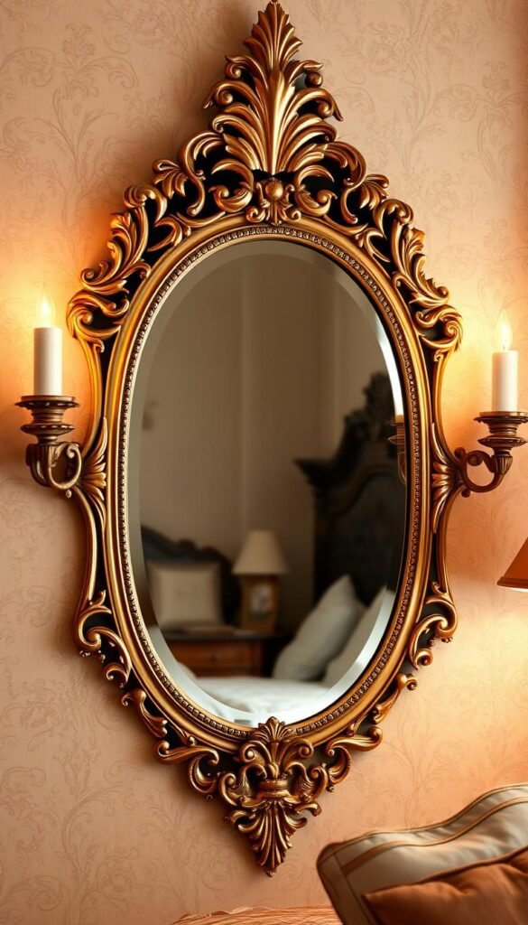 An elegant, ornate mirror hanging on a wall in a vintage-inspired bedroom setting. The mirror has an intricate, gilded frame with floral and leaf motifs, creating an opulent, antique-inspired appearance. Soft, warm lighting from sconces illuminates the mirror, casting a gentle glow and creating a cozy, inviting atmosphere. The mirror is positioned in the foreground, reflecting the details of the bedroom decor, including textured wallpaper, plush bedding, and vintage-style furniture. The overall scene evokes a timeless, sophisticated charm that would complement the "Vintage Bedroom Aesthetic" featured in the article. An elegant, ornate mirror hanging on a wall in a vintage-inspired bedroom setting. The mirror has an intricate, gilded frame with floral and leaf motifs, creating an opulent, antique-inspired appearance. Soft, warm lighting from sconces illuminates the mirror, casting a gentle glow and creating a cozy, inviting atmosphere. The mirror is positioned in the foreground, reflecting the details of the bedroom decor, including textured wallpaper, plush bedding, and vintage-style furniture. The overall scene evokes a timeless, sophisticated charm that would complement the "Vintage Bedroom Aesthetic" featured in the article.