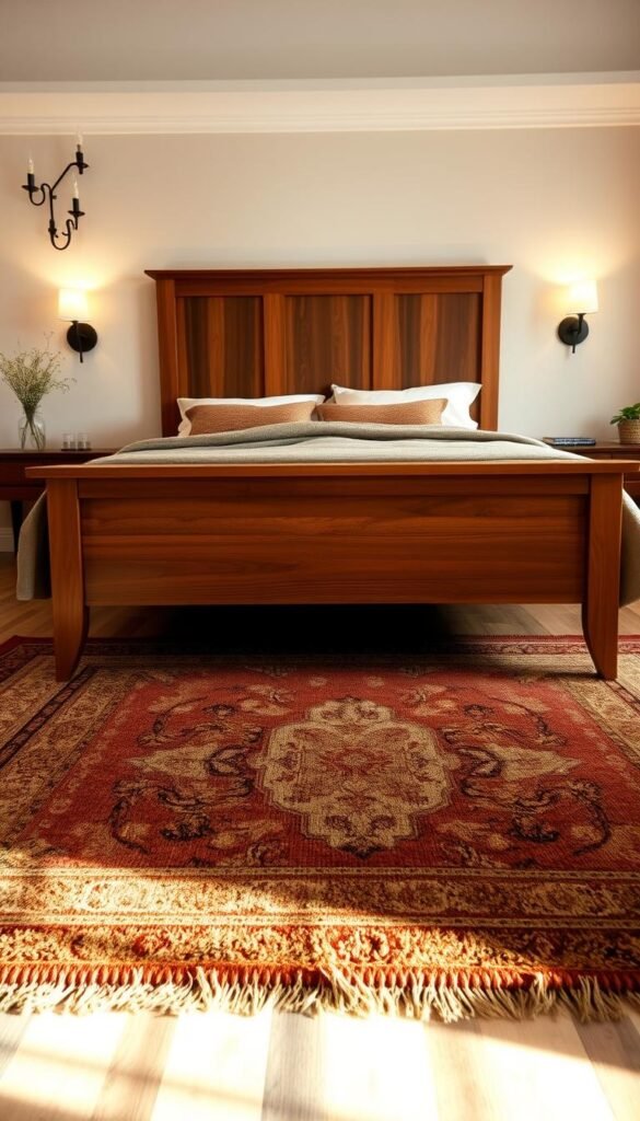 An elegantly placed area rug under a wooden bed frame, creating a cozy and inviting atmosphere in a well-lit bedroom. The rug's rich, earthy tones complement the soft, plush texture, perfectly framing the bed's footprint. Warm, diffused lighting from sconces on the walls casts a gentle glow, accentuating the rug's patterns and adding depth to the scene. The camera captures the rug from a slightly elevated angle, showcasing its perfect placement and harmonious integration with the bedroom's decor.