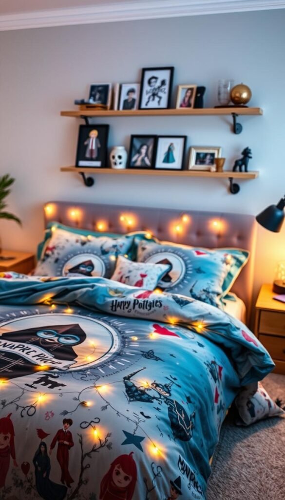 An exquisite array of themed bedding collections, adorned with whimsical patterns and vibrant hues, creating an immersive fandom-inspired bedroom aesthetic. In the foreground, a luxurious duvet cover features a captivating graphic design, drawing the eye into a fantastical world. Flanked by matching pillowcases, the bedding ensemble is complemented by delicate fairy lights strung across the headboard, casting a warm, cozy glow. In the middle ground, coordinating throw pillows and a plush blanket accentuate the theme, while in the background, a set of floating shelves displays cherished collectibles and personal mementos, seamlessly integrating the fandom elements into the room's decor. Captured in a soft, dreamlike lighting with a shallow depth of field, the image evokes a sense of immersion and escape.