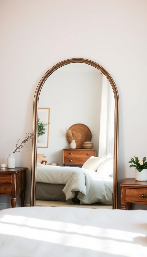 Arched floor mirror in a cozy, well-lit bedroom. Soft, natural lighting illuminates the scene, creating a warm and inviting atmosphere. The mirror is positioned against a neutral, textured wall, reflecting the room's simple yet elegant decor. Wooden furniture, plush bedding, and a touch of greenery complement the mirror's arched shape, creating a harmonious and visually appealing composition. The mirror's elegant frame adds a touch of sophistication, while its size and placement draw the eye and create the illusion of a more spacious room. The overall effect is a serene and visually balanced bedroom design that showcases the versatility and visual impact of the arched floor mirror.