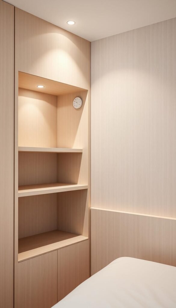 Architectural features design, showcasing clean, minimalist lines and geometric shapes. A well-lit, wide-angle shot capturing a neutral-toned, textured wall with sleek recessed lighting, seamless built-in shelving, and a subtly protruding architectural element, such as a recessed niche or a simple ledge. Minimal, focused lighting casts gentle shadows, accentuating the depth and materiality of the design. The composition emphasizes the harmony of form, function, and understated elegance, creating a serene, visually captivating scene that would complement a minimalist bedroom decor.