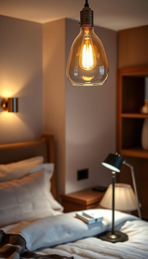 Bedroom lighting design for mood and function: A cozy, warm-toned bedroom with a mixture of ambient and task lighting. Soft, indirect wall sconces cast a gentle glow, complemented by a central pendant light with a dimmable, Edison-style bulb. A sleek, modern bedside table lamp provides focused illumination for reading. Wooden accents and textured linens create a calming, natural atmosphere. The lighting is designed to create a relaxing, intimate mood while also offering practical functionality for everyday tasks.