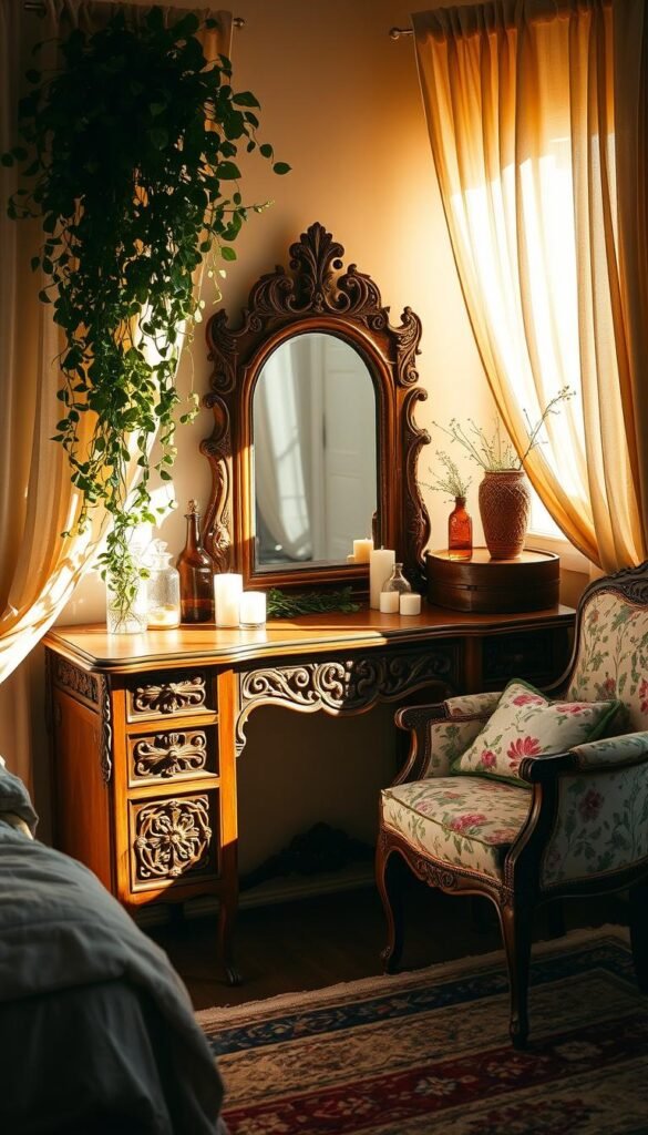 Bohemian chic vanity in a sunlit bedroom, with an ornately carved wooden vanity table adorned with antique glass bottles, candles, and a vintage mirror. Lush, trailing plants cascade from the shelves, and a soft, floral-patterned armchair sits nearby. Warm, diffused lighting filters through sheer, flowing curtains, creating a cozy, romantic atmosphere. The floor is covered in a plush, patterned rug, and the walls are painted in earthy, muted tones. This vanity setup embodies the free-spirited, eclectic style of a bohemian-inspired bedroom. Bohemian chic vanity in a sunlit bedroom, with an ornately carved wooden vanity table adorned with antique glass bottles, candles, and a vintage mirror. Lush, trailing plants cascade from the shelves, and a soft, floral-patterned armchair sits nearby. Warm, diffused lighting filters through sheer, flowing curtains, creating a cozy, romantic atmosphere. The floor is covered in a plush, patterned rug, and the walls are painted in earthy, muted tones. This vanity setup embodies the free-spirited, eclectic style of a bohemian-inspired bedroom.