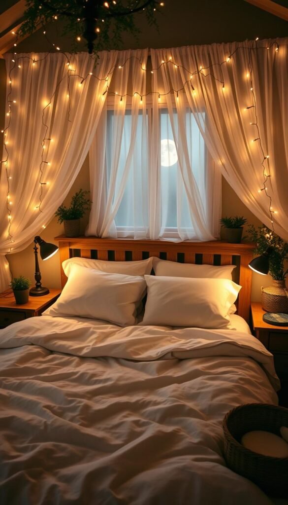 Cozy bedroom filled with a soft, warm glow from delicate fairy lights draped along the walls and across the headboard. Wooden nightstands with vintage lamps flank a plush, inviting bed dressed in crisp white linens. Wispy curtains frame a dreamy, moonlit window. Touches of greenery and natural textures, like woven baskets, add organic accents. The overall atmosphere is tranquil, serene, and enchantingly magical, evoking a sense of calm and wonder.