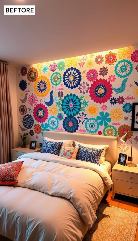 Cozy customer bedroom transformed with vibrant peel-and-stick decals adorning the walls. Warm ambient lighting casts a soft glow, highlighting the intricate patterns and textures. The focal point is a stunning feature wall, showcasing a meticulously designed arrangement of colorful geometric shapes, floral motifs, and abstract patterns. Plush bedding, contemporary furniture, and strategically placed decorative elements create a harmonious and inviting atmosphere. The overall scene conveys a sense of personalized style, comfort, and a touch of playfulness, perfectly capturing the essence of a successful DIY wall transformation.
