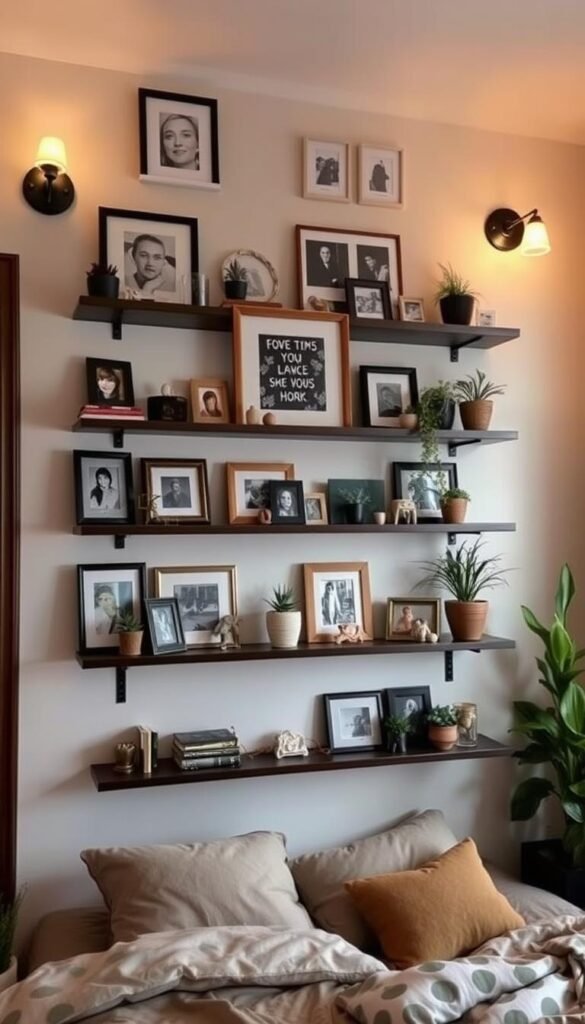 Decorative shelving displays with a warm, inviting ambiance. A cozy, well-lit bedroom setting featuring a wall-mounted shelving unit showcasing a variety of personal trinkets, framed artwork, potted plants, and other decorative accents. The shelves are arranged in a visually appealing, asymmetrical pattern, creating a sense of balance and visual interest. Soft, diffused lighting from sconce fixtures casts a gentle glow, highlighting the textures and colors of the displayed items. The overall atmosphere is one of sophistication, creativity, and a touch of whimsy, perfectly suited to elevate the aesthetic of the bedroom space.