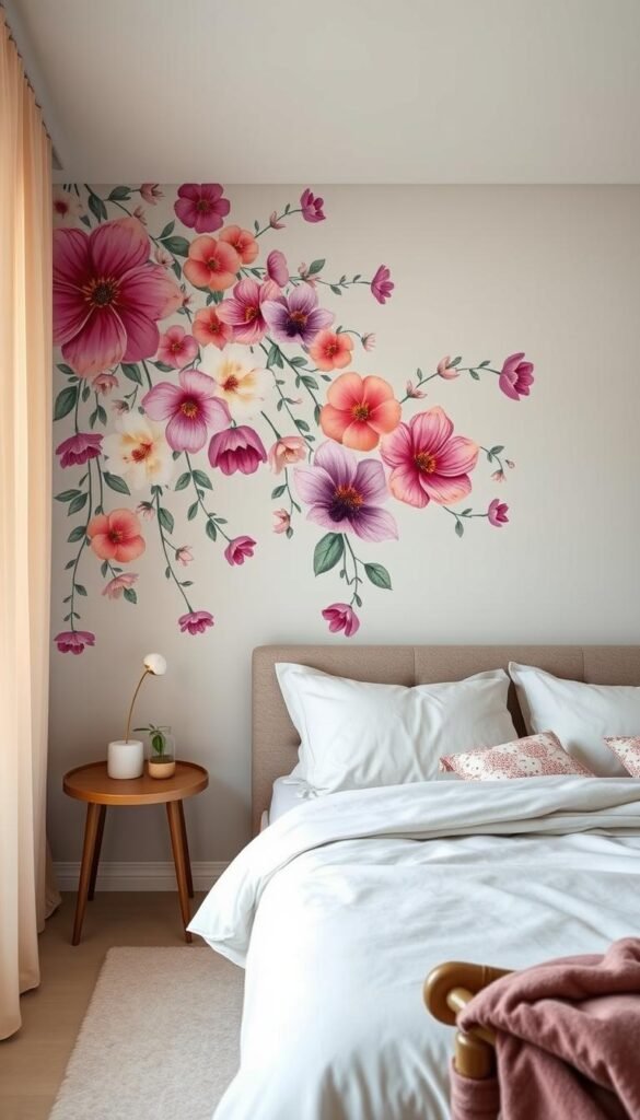 Delicate floral wall decals adorning a serene bedroom, cascading in vibrant hues across the walls. Lush, hand-painted blooms in soft pastels and deep jewel tones, arranged in an organic, asymmetrical pattern that feels whimsical and effortless. The lighting is soft and diffused, creating a warm, cozy ambiance that invites relaxation. Captured through a wide-angle lens, the scene conveys a sense of tranquility and natural beauty, perfectly complementing the "Floral Fantasy: Blooming Beautiful Bedrooms" aesthetic. Delicate floral wall decals adorning a serene bedroom, cascading in vibrant hues across the walls. Lush, hand-painted blooms in soft pastels and deep jewel tones, arranged in an organic, asymmetrical pattern that feels whimsical and effortless. The lighting is soft and diffused, creating a warm, cozy ambiance that invites relaxation. Captured through a wide-angle lens, the scene conveys a sense of tranquility and natural beauty, perfectly complementing the "Floral Fantasy: Blooming Beautiful Bedrooms" aesthetic.