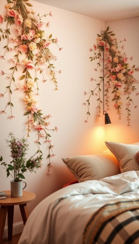 Detailed floral wall art in a cozy bedroom setting. Delicate botanical motifs in soft pastel hues adorn the walls, creating a serene and natural ambiance. Lush, realistic flowers and leaves cascade down the walls, framed by warm, golden lighting that casts a gentle glow. The composition is balanced and harmonious, with the florals seamlessly blending into the background. Soft, diffused lighting and a shallow depth of field emphasize the organic, handcrafted feel. An inviting, relaxing atmosphere perfect for a peaceful bedroom retreat.