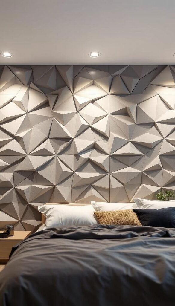 Detailed geometric feature wall patterns in a modern, minimalist bedroom setting. Smooth, interlocking triangular and polygonal shapes in muted tones of gray, white, and earth-toned hues create a visually striking, layered textural effect on the wall. Soft, even lighting from recessed ceiling fixtures gently illuminates the patterns, casting subtle shadows that accentuate the depth and dimensionality. The geometric feature wall acts as a focal point, framed by clean-lined furniture and decor in complementary neutral colors, establishing a serene, harmonious atmosphere.