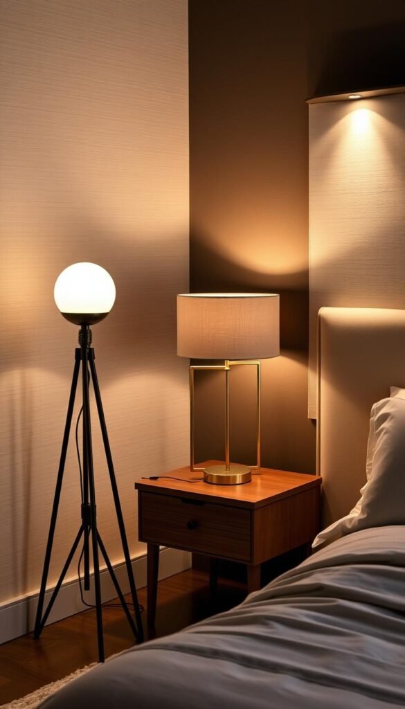 Elegant and inviting bedroom corner, softly lit by a pair of stylish floor lamps with mid-century modern tripod bases and dimmable globe shades, complemented by a contemporary table lamp with a sleek metal frame and linen shade, all placed atop a minimalist wooden side table. The lighting creates a warm, cozy ambiance, gently illuminating the space and highlighting the textured walls and plush area rug. The overall scene exudes a sense of refined simplicity and comfort, perfect for creating a relaxing retreat in the bedroom.