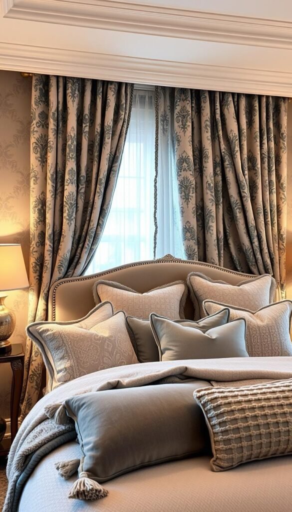 Elegant bedroom decor with a playful twist. A lush, layered arrangement of patterned curtains, throws, and pillows in a soothing color palette of soft grays, blues, and whites. Intricate damask, geometric, and organic motifs intertwine, creating visual interest. Plush textures, like velvety upholstery and nubby knit accents, add depth and contrast. Warm, diffused lighting casts a cozy, inviting glow, complementing the serene, sophisticated atmosphere. Carefully curated, the scene strikes a harmonious balance between classic and contemporary design.