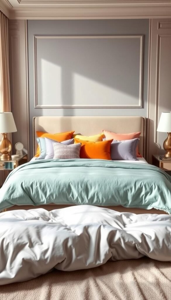 Elegant bedroom showcasing a curated collection of core color families. In the foreground, soft pastel hues of blue, green, and lavender bedding create a serene and calming atmosphere. At the center, a variety of vibrant accent pillows in complementary shades of orange, yellow, and pink add a touch of warmth and liveliness. The background features neutral tones of gray and beige on the walls, evoking a sense of balance and sophistication. Gentle natural lighting filters through sheer curtains, accentuating the rich textures and tones of the space. The overall composition is a harmonious blend of soothing and invigorating color palettes, inspiring a restful and inviting bedroom ambiance.