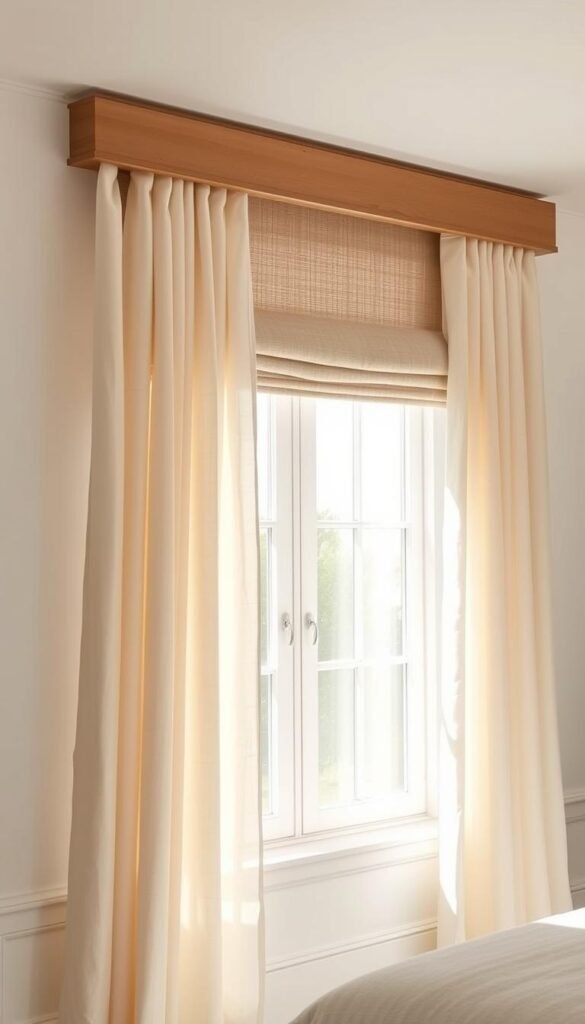 Elegant cream and beige window treatments in a sun-drenched, minimalist bedroom. Flowing sheer curtains framed by neutral-toned Roman shades and a sleek, wooden cornice. Soft, natural light filters through the window, casting a warm, cozy glow. The textured fabrics and clean lines create a serene, sophisticated ambiance that complements the soothing color palette. A careful balance of textures, from the linen curtains to the woven shades, adds depth and visual interest. The overall effect is a calming, cohesive look that enhances the relaxing, neutral decor.