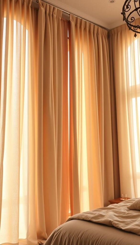 Elegant floor-to-ceiling curtains and drapery panels gracefully cascading in a cozy bedroom. Soft, sheer fabric in a warm neutral tone gently flowing in natural light, creating a sense of tranquility and comfort. The curtains are framed by intricately carved wooden poles, adding a touch of rustic charm. The scene is bathed in a warm, golden glow, accentuating the luxurious textures and inviting atmosphere. A medium-wide camera angle captures the full height of the curtains, showcasing their dramatic presence and the overall ambiance of the space.