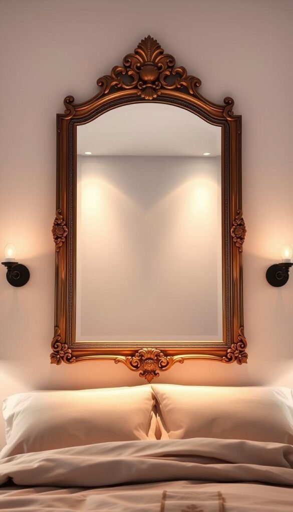 Elegant mirror wall decor above a plush, inviting bed. A large, ornate mirror frame in a warm, metallic finish dominates the foreground, casting a soft, ambient glow. The mirror reflects the room, doubling the sense of space and light. Behind it, a minimalist white wall creates a serene, airy backdrop. Soft, diffused lighting from sconces on either side of the mirror casts a gentle, cozy radiance. The overall mood is one of refined sophistication and tranquility, perfectly complementing the restful ambiance of the bedroom. Elegant mirror wall decor above a plush, inviting bed. A large, ornate mirror frame in a warm, metallic finish dominates the foreground, casting a soft, ambient glow. The mirror reflects the room, doubling the sense of space and light. Behind it, a minimalist white wall creates a serene, airy backdrop. Soft, diffused lighting from sconces on either side of the mirror casts a gentle, cozy radiance. The overall mood is one of refined sophistication and tranquility, perfectly complementing the restful ambiance of the bedroom.