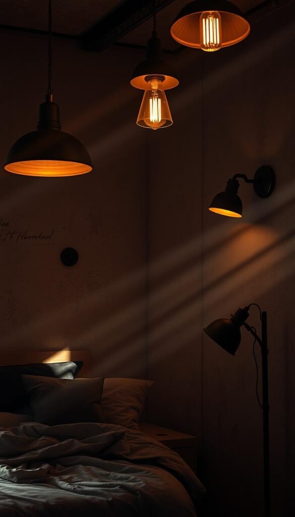 Grunge-inspired bedroom illuminated by a moody mix of industrial-style pendant lights, wall sconces, and a vintage floor lamp. Shadows dance across the textured walls, creating an atmospheric, almost cinematic ambiance. Warm amber tones from the lighting contrast with cooler hues, evoking a sense of gritty, edgy charm. The lighting fixtures themselves have a weathered, distressed appearance, further enhancing the grunge aesthetic. Beams of light slice through the air, casting dramatic shadows and highlights that accentuate the rugged, imperfect nature of the space. Grunge-inspired bedroom illuminated by a moody mix of industrial-style pendant lights, wall sconces, and a vintage floor lamp. Shadows dance across the textured walls, creating an atmospheric, almost cinematic ambiance. Warm amber tones from the lighting contrast with cooler hues, evoking a sense of gritty, edgy charm. The lighting fixtures themselves have a weathered, distressed appearance, further enhancing the grunge aesthetic. Beams of light slice through the air, casting dramatic shadows and highlights that accentuate the rugged, imperfect nature of the space.