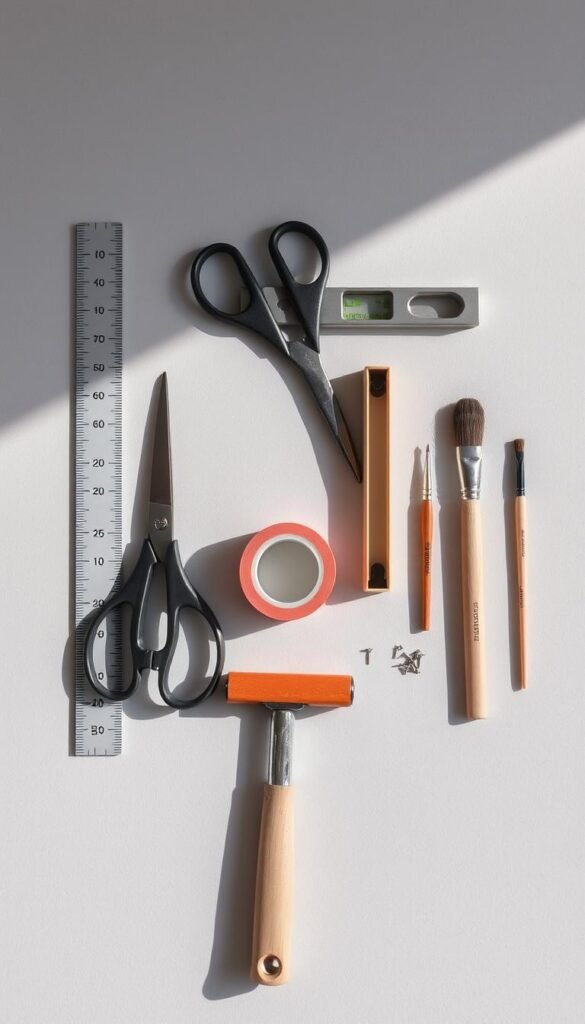 High-quality art arrangement tools, including a ruler, utility scissors, masking tape, level, hammer, nails, and small paint brushes, arranged neatly on a soft gray background. The tools are well-lit from the side, casting subtle shadows and highlighting their textures and materials. The composition is clean and minimalist, focusing the viewer's attention on the essential implements for curating a gallery wall. The overall mood is one of professionalism, organization, and creative preparation for a bedroom decor project.