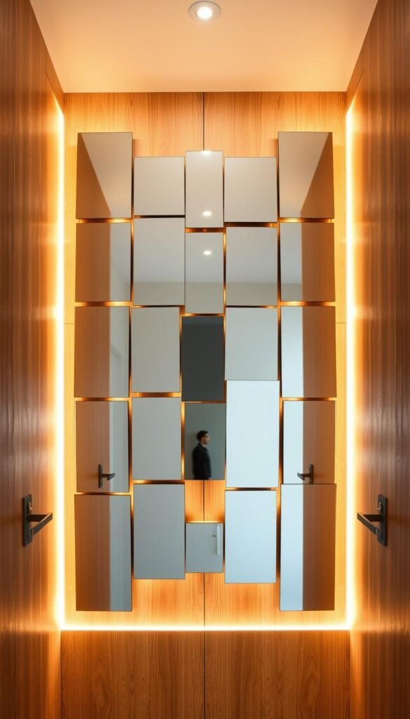 Highly reflective, modern mirror installation between two wooden doors. The mirrors are arranged in an intriguing, asymmetrical pattern, casting a warm, ambient glow throughout the space. Soft, diffused lighting from above illuminates the scene, creating depth and dimension. The clean, minimalist aesthetic is complemented by the natural wood tones, resulting in a visually striking and harmonious composition. The mirrors appear to almost float, generating a sense of weightlessness and visual intrigue. This creative mirror placement draws the eye, inviting the viewer to explore the unique and impactful design.