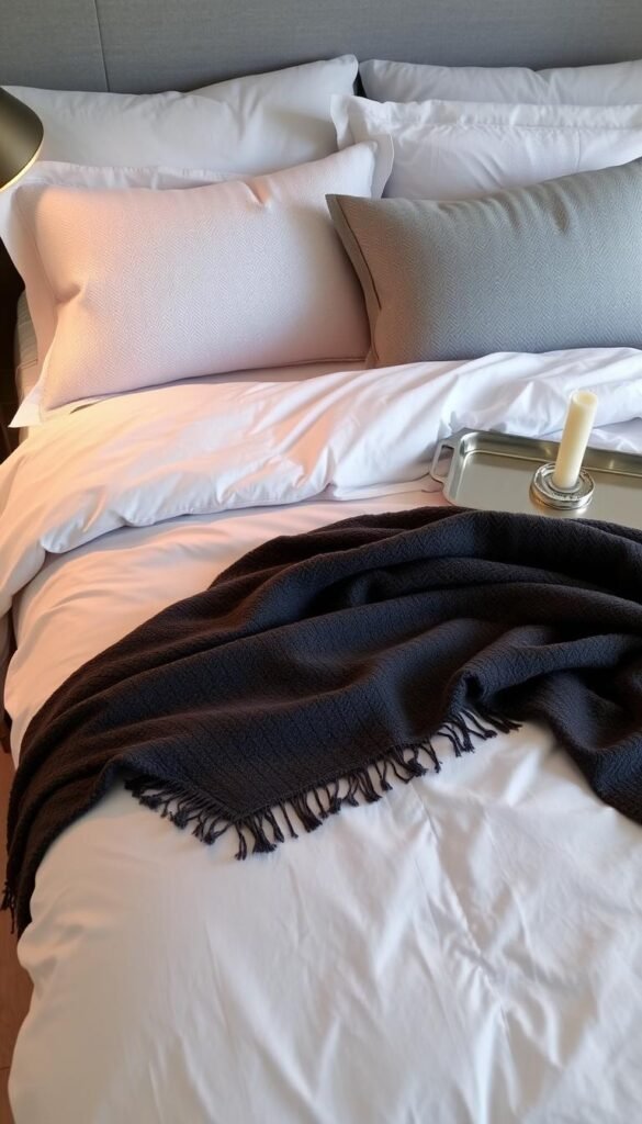 Layered grey bedding with soft, plush textures and muted tones. A crisp white duvet cover with a delicate herringbone pattern, complemented by a charcoal grey throw blanket and matching lumbar pillows. Subtle silver accents in the form of a metallic decorative tray and a single tapered candle add a touch of elegance. Warm, diffused lighting from a bedside lamp casts a gentle glow, creating a cozy and inviting atmosphere. The overall design is minimalist, yet sophisticated, reflecting a modern and serene bedroom aesthetic.