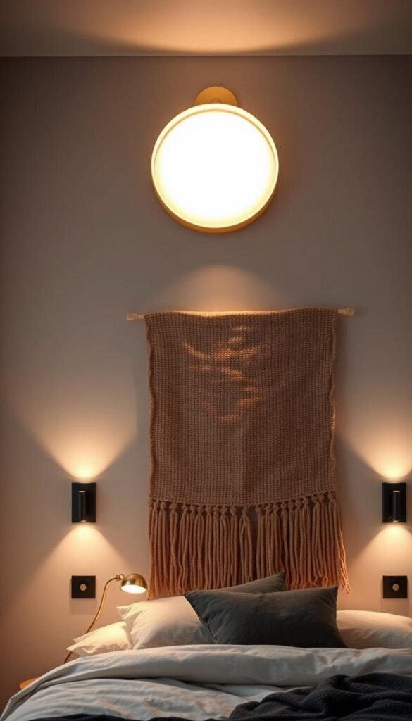 Layered wall lighting arrangement in a cozy, modern bedroom setting. The focal point is a statement circular wall light in a brass finish, providing warm, ambient illumination. Surrounding it are smaller, recessed wall sconces with adjustable beams, creating a layered, customizable lighting design. The lighting is softened by a large, textured wall hanging in earthy tones, adding depth and visual interest. The overall mood is intimate, inviting, and conducive to relaxation, with the lighting subtly highlighting the architectural features of the space. Layered wall lighting arrangement in a cozy, modern bedroom setting. The focal point is a statement circular wall light in a brass finish, providing warm, ambient illumination. Surrounding it are smaller, recessed wall sconces with adjustable beams, creating a layered, customizable lighting design. The lighting is softened by a large, textured wall hanging in earthy tones, adding depth and visual interest. The overall mood is intimate, inviting, and conducive to relaxation, with the lighting subtly highlighting the architectural features of the space.