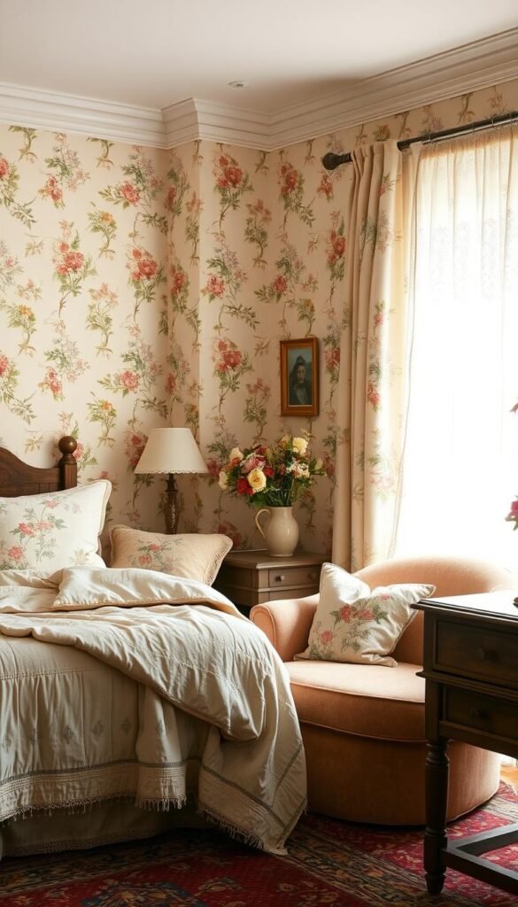 Lush floral patterns in a cozy bedroom setting. A soft, vintage-inspired wallpaper with delicate botanical motifs adorns the walls, complementing the hand-stitched quilt and plush velvet armchair. Gentle natural light filters through sheer lace curtains, casting a warm, nostalgic glow. Antique wooden furniture and a worn Persian rug add to the timeless, lived-in atmosphere. Carefully curated decorative accents, such as a ceramic vase filled with fresh flowers, complete the charming, inviting tableau. This harmonious blend of floral prints and rustic, antique-inspired elements evokes a serene, romantic ambiance. Lush floral patterns in a cozy bedroom setting. A soft, vintage-inspired wallpaper with delicate botanical motifs adorns the walls, complementing the hand-stitched quilt and plush velvet armchair. Gentle natural light filters through sheer lace curtains, casting a warm, nostalgic glow. Antique wooden furniture and a worn Persian rug add to the timeless, lived-in atmosphere. Carefully curated decorative accents, such as a ceramic vase filled with fresh flowers, complete the charming, inviting tableau. This harmonious blend of floral prints and rustic, antique-inspired elements evokes a serene, romantic ambiance.