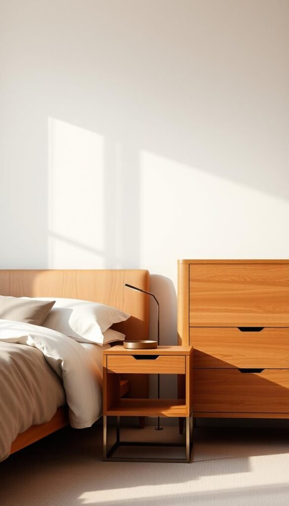 Lush, modern bedside collection by Lulu and Georgia, showcasing a refined arrangement of natural wood and brushed metal nightstands against a serene, minimalist backdrop. Soft, warm lighting highlights the sleek, tapered silhouettes and subtle textures of the furniture pieces, creating an inviting, tranquil ambiance. Captured from a slightly elevated angle to emphasize the harmonious proportions and elegant simplicity of the design. The overall scene evokes a sense of effortless sophistication, perfectly suited for a contemporary, well-appointed bedroom.