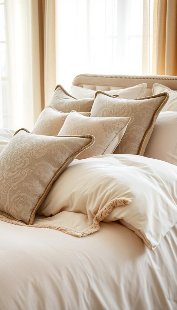 Luxurious bedding textures and patterns: a soft, sumptuous king-size bed dressed in high-thread-count cotton sateen sheets in a neutral ivory hue, accented by a lush, oversized down-filled duvet in a complementary oatmeal tone. Intricate, jacquard-woven throw pillows in muted shades of beige and gray create a layered, visually-compelling focal point. Soft, natural lighting filters in through sheer linen curtains, casting a warm, cozy glow over the plush, inviting scene. The overall atmosphere evokes a sense of refined, elegant comfort - the perfect foundation for a serene, restful bedroom retreat.