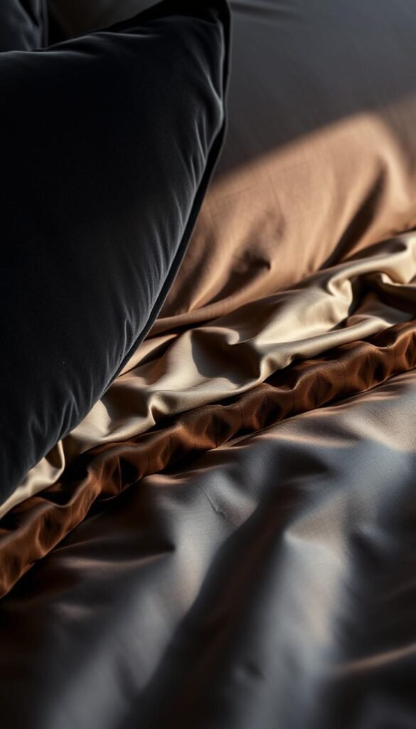Luxurious bedding textures and patterns, featuring plush velvet in shades of charcoal and ebony, complemented by a silky satin duvet cover adorned with a subtle, geometric jacquard design. The bedding is illuminated by soft, warm lighting, casting a cozy, inviting atmosphere. A close-up angle showcases the intricate weaving and the luxurious sheen of the fabrics, drawing the viewer's attention to the rich, sophisticated details that elevate the bedroom aesthetic. The overall composition emphasizes the depth, texture, and visual interest of the high-quality bedding, creating a sense of refined elegance and a modern, striking vibe. Luxurious bedding textures and patterns, featuring plush velvet in shades of charcoal and ebony, complemented by a silky satin duvet cover adorned with a subtle, geometric jacquard design. The bedding is illuminated by soft, warm lighting, casting a cozy, inviting atmosphere. A close-up angle showcases the intricate weaving and the luxurious sheen of the fabrics, drawing the viewer's attention to the rich, sophisticated details that elevate the bedroom aesthetic. The overall composition emphasizes the depth, texture, and visual interest of the high-quality bedding, creating a sense of refined elegance and a modern, striking vibe.