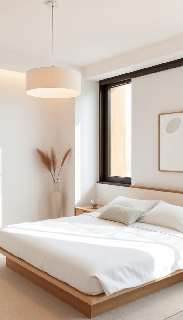 Minimalist bedroom decor with a serene, tranquil atmosphere. An airy, sun-drenched room with clean lines and a neutral color palette. A low-profile platform bed with crisp white bedding and a single textural throw pillow. Warm, indirect lighting from a large picture window and a sleek, minimalist pendant lamp. Sparse, carefully curated decor elements such as a sculptural vase, a small potted plant, and a simple abstract artwork on the wall. The overall mood is one of understated elegance, inviting relaxation and quiet contemplation.