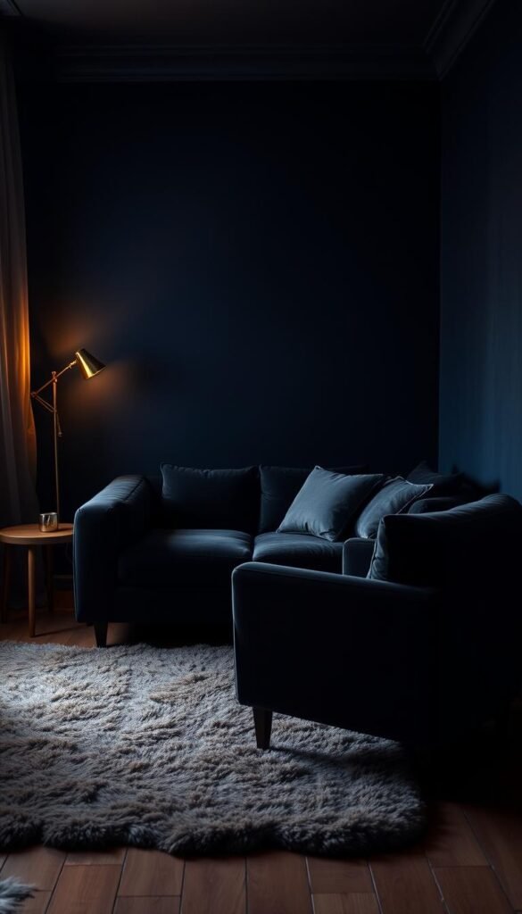 Moody wall color and furniture: a cozy, dimly lit bedroom with deep navy blue walls, accented by a plush velvet charcoal gray sofa and armchair. Soft, warm lighting casts a gentle glow, creating an intimate, relaxing atmosphere. The wooden floors are covered by a large, plush area rug in earthy tones. A minimalist wooden side table and a vintage brass floor lamp add subtle hints of metallic contrast. The overall scene exudes a sense of tranquility and introspection, inviting the viewer to sink into the enveloping comfort of the space.