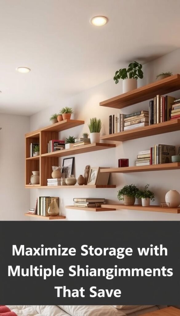 Multiple shelving arrangements in a cozy, well-lit bedroom. Wooden floating shelves line the walls, adorned with books, plants, and decorative accents. A mix of open and closed storage solutions, creating a visually appealing and functional display. Soft, diffused lighting from ceiling-mounted fixtures casts a warm glow, accentuating the natural textures and colors. The shelves are positioned at varying heights, allowing for flexible organization and display of personal items. The overall scene exudes a sense of calm, order, and thoughtful design, perfectly suited for the "Maximize Storage with Multiple Shelf Arrangements" section of the "Bedroom Shelving Ideas That Save Space" article.
