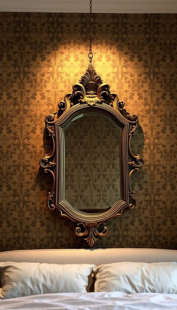 Ornate patterned wallpaper in muted hues of olive, ochre, and sage, adorned with a grand antique-style mirror suspended in the center. Soft, diffused lighting casts a warm glow, accentuating the subtle sheen of the wallpaper texture and the gilded frame of the mirror. The mirror's reflection creates a captivating depth, blending the patterned backdrop seamlessly. Elegant, layered, and inviting, this scene evokes a sense of timeless sophistication, perfect for a cozy bedroom retreat.