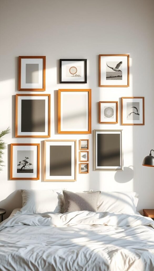 Poster sizing and framing options: A serene bedroom setting, soft natural lighting illuminates a collage of various poster frames in varying sizes - from small 5x7 to large 24x36, arranged artfully on a white wall. Elegant wood and sleek metal frames in neutral tones create a cohesive, minimalist aesthetic. Shadows and reflections add depth, while the overall composition showcases the flexibility of poster display to suit any personal style or space. The warm, inviting atmosphere invites the viewer to imagine the perfect poster size and frame to complement their unique decor.