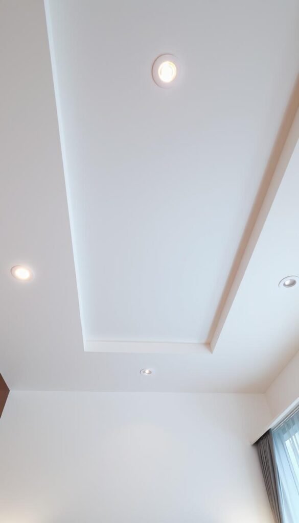 Practical ceiling design considerations: A well-lit bedroom with a minimalist, geometric ceiling featuring recessed lighting fixtures evenly spaced to provide balanced illumination. The ceiling is painted a soft, matte white to enhance the brightness, with subtle textural patterns adding visual interest. Sleek, low-profile spotlights are strategically positioned to accentuate key architectural features and create a warm, cozy atmosphere. The scene is captured from a low angle, highlighting the clean lines and seamless integration of the lighting system within the ceiling design.