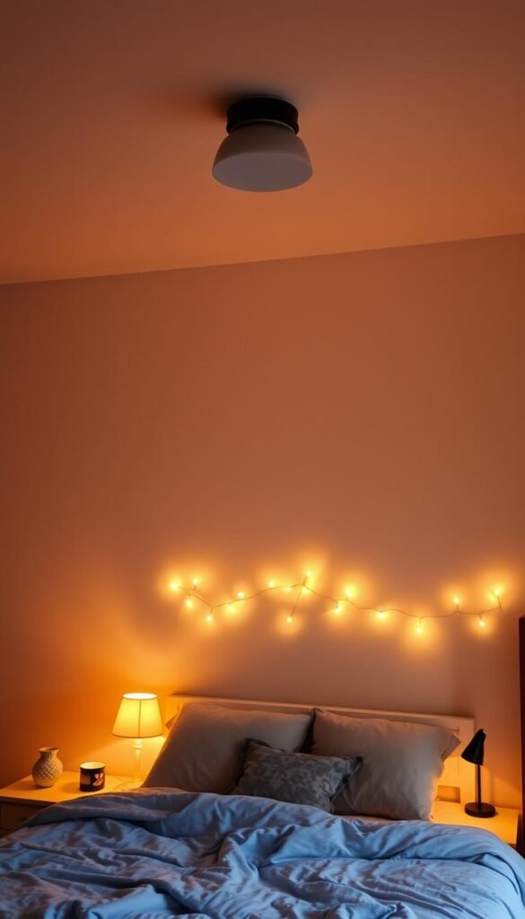 Prompt A cozy bedroom with three distinct layers of lighting - a soft, ambient glow from a central ceiling fixture, warm table lamps on nightstands casting a mellow radiance, and delicate string lights along the headboard creating a magical, twinkling atmosphere. The lighting is balanced, creating a harmonious and inviting ambiance perfect for relaxation. The scene is captured from a slightly elevated angle, showcasing the layered illumination and the overall coziness of the space.