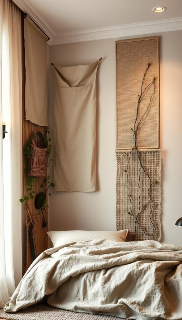 Serene wall treatments for a nature-inspired bedroom space. A soft, muted palette of earthy tones and natural textures. Layered linen wall hangings, woven rattan panels, and delicate trailing vines cascading down the walls. Soft, diffused lighting from sconces and recessed fixtures, casting a warm, cozy glow. The overall atmosphere is tranquil and restorative, evoking the feeling of being immersed in a serene natural setting. The composition showcases the layered wall treatments from multiple angles, highlighting their tactile and visual harmony.