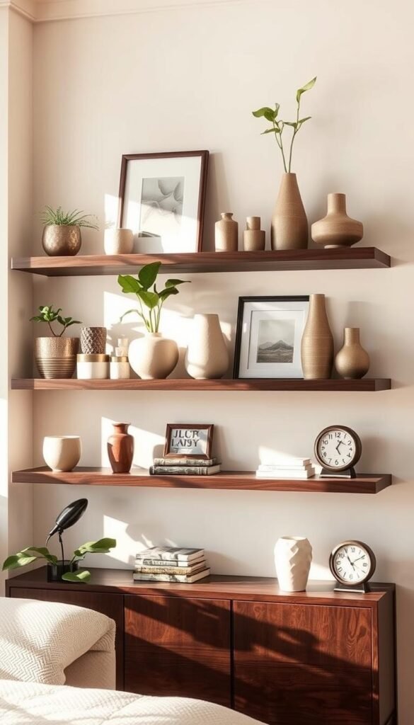 Shelf styling height variations: a meticulously curated display of decorative items of diverse proportions, arranged with intentional asymmetry on a set of floating shelves. Warm, natural light filters through a large window, casting soft shadows and highlights that accentuate the textural interplay of wood grain, ceramic, and metallics. The foreground features a mix of potted plants, framed artwork, and sculptural vases, their heights staggered to create a visually dynamic composition. In the middle ground, a pair of decorative books and a vintage clock add depth and visual interest, while the background showcases a minimalist, neutral-toned wall, allowing the curated objects to take center stage. The overall atmosphere evokes a sense of refined, effortless elegance, perfectly suited for the "Essential Principles for Shelf Styling Success" section of the "Bedroom Shelves Decor Styling Guide" article.