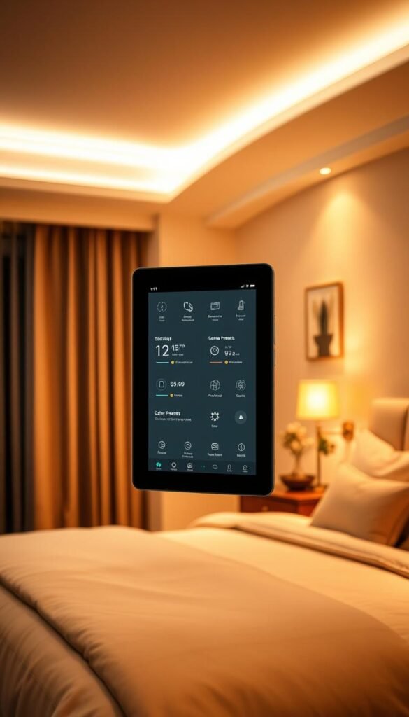 Sleek, modern smart lighting control panel with an intuitive touch interface, surrounded by warm, ambient lighting in a cozy bedroom setting. The panel displays various lighting options and settings, allowing for precise control over color temperature, brightness, and scene presets. The room is bathed in a soft, inviting glow, creating a comfortable and relaxing atmosphere. The lighting seamlessly integrates with the room's decor, complementing the neutral tones and natural textures. A sense of technological sophistication blends harmoniously with the tranquil, luxurious bedroom ambiance.