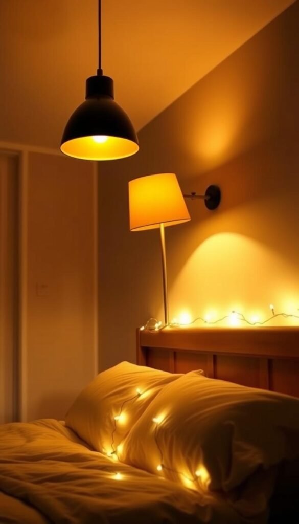 Three cozy layers of bedroom lighting: a warm overhead pendant lamp, a mid-level table lamp casting a soft glow, and a low-level string of fairy lights along the headboard, illuminating the space with a tranquil, ambient radiance. Angled to create depth and visual interest, the lighting setup evokes a serene, intimate atmosphere perfect for relaxation and rest.