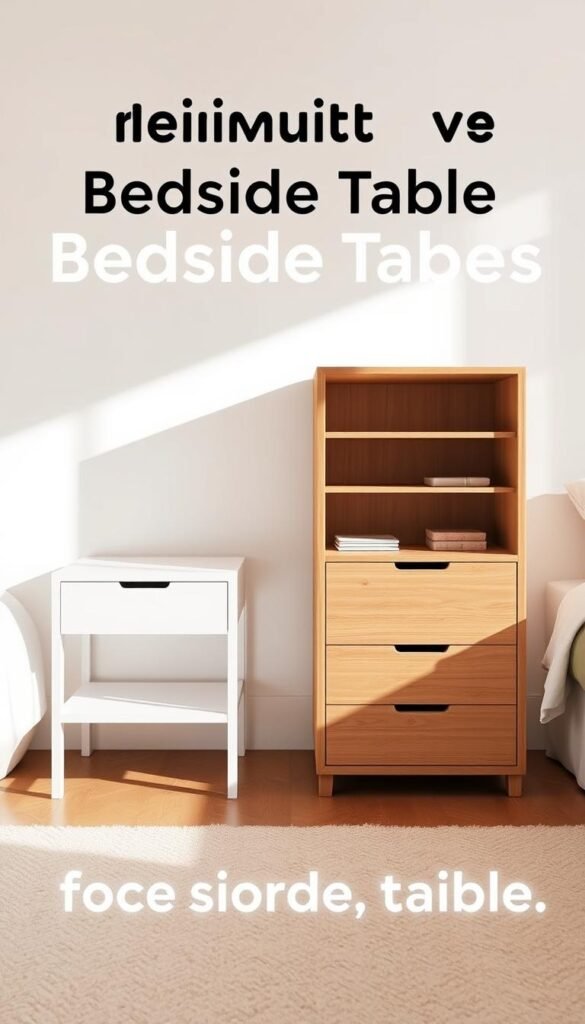 Two minimalist and storage-focused bedside tables side by side, showcasing their distinct designs and functionalities. The minimalist table has a simple, streamlined silhouette with clean lines and a sleek surface, while the storage table features multiple drawers and shelves for efficient organization. Bright, diffused lighting illuminates the scene, creating a warm and inviting atmosphere. The tables are photographed from a slight angle, allowing viewers to appreciate the contrasting aesthetics and practical considerations of each nightstand option. The image aims to visually highlight the key differences between a minimalist and a storage-focused bedside table, guiding the viewer's understanding of their unique purposes and suitability for modern bedroom decor.