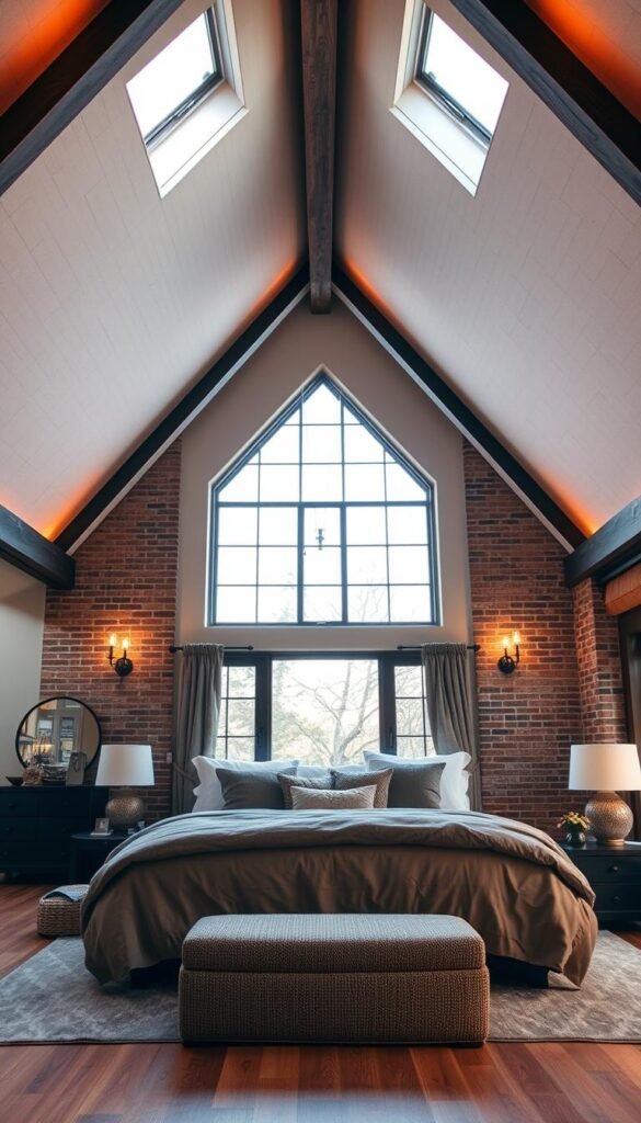Vaulted ceiling bedroom design, featuring a spacious and airy loft-like space. High, arched ceilings draw the eye upward, creating a sense of grandeur and drama. Warm, ambient lighting filters through skylights, casting a soft glow across the room. A plush, oversized bed dominates the foreground, surrounded by luxurious bedding and textured accent pieces. Wooden beams and exposed brick add rustic elegance, while large windows flood the room with natural light. The atmosphere is serene and inviting, perfect for a relaxing retreat.