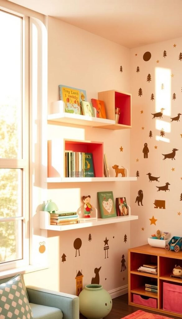 Wall shelves for a whimsical children's room, illuminated by warm natural light filtering through large windows. The shelves feature vibrant colors and playful shapes, creating a captivating display of books, toys, and decorative elements. Floating white shelves are complemented by wooden accents, adding a rustic charm. Geometric patterns and playful silhouettes adorn the walls, fostering a sense of imagination and creativity. The overall atmosphere is one of joy and exploration, perfectly suited for a child's sanctuary.