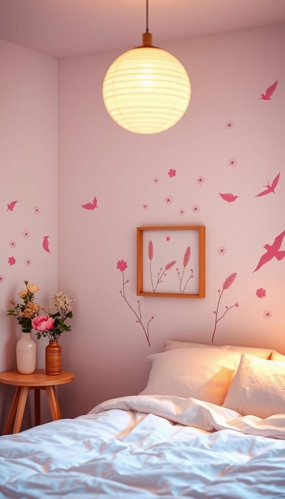 Whimsical and playful wall decals in a vibrant, dreamy bedroom setting. Floating feathers, delicate flowers, and enchanting bird silhouettes decorate the walls in a captivating display. Soft, diffused lighting casts a warm, nostalgic glow, creating an intimate, cozy atmosphere. The decals are arranged in a harmonious, asymmetrical composition, adding depth and visual interest to the space. Rendered in a pastel color palette with subtle texture, the decals blend seamlessly with the bedroom's soothing, aesthetic ambiance. A sense of wonder and youthful charm permeates the scene, inviting the viewer to step into a world of imagination and delight. Whimsical and playful wall decals in a vibrant, dreamy bedroom setting. Floating feathers, delicate flowers, and enchanting bird silhouettes decorate the walls in a captivating display. Soft, diffused lighting casts a warm, nostalgic glow, creating an intimate, cozy atmosphere. The decals are arranged in a harmonious, asymmetrical composition, adding depth and visual interest to the space. Rendered in a pastel color palette with subtle texture, the decals blend seamlessly with the bedroom's soothing, aesthetic ambiance. A sense of wonder and youthful charm permeates the scene, inviting the viewer to step into a world of imagination and delight.