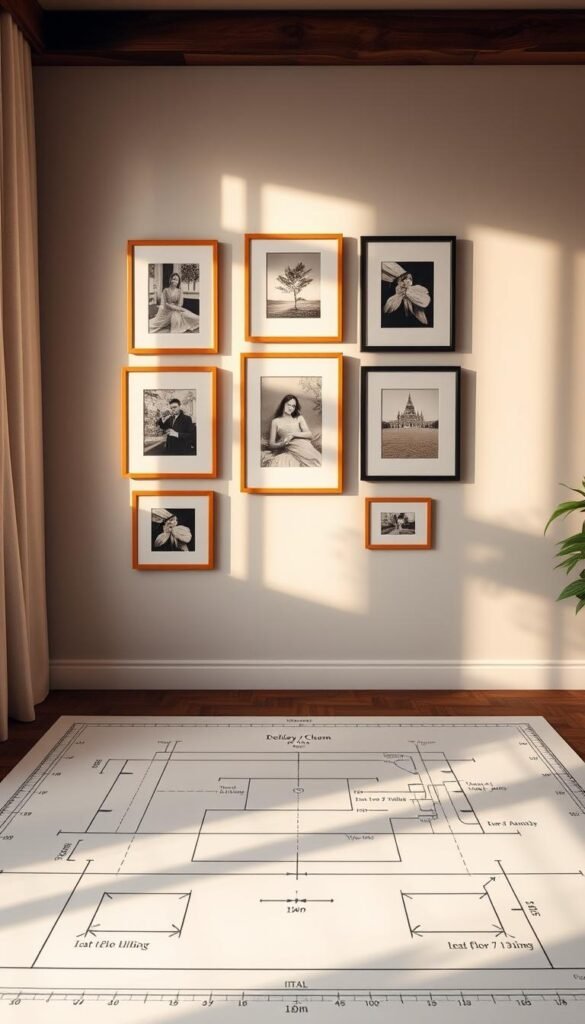 a detailed architectural floor plan layout for a gallery wall arrangement in a bedroom, showing the precise placement and dimensions of the frames and wall art, with a focus on symmetry, balance, and visual harmony. the plan is drawn to scale on graph paper, with measurements and annotations indicating the ideal spacing, alignment, and composition of the gallery wall elements. the lighting is warm and natural, casting soft shadows that highlight the textures and materials of the framed artwork. the scene has a sense of thoughtful curation and careful planning, conveying a polished, sophisticated atmosphere.