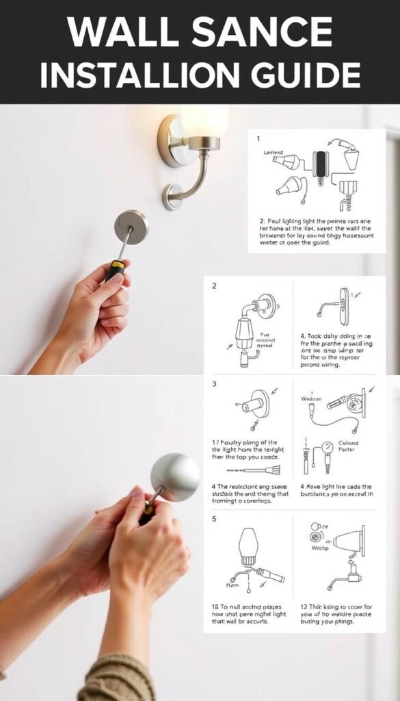 a detailed step-by-step wall sconce installation guide, featuring a well-lit, high-angle view of the installation process. The foreground shows a pair of hands holding a wall sconce, screwdriver, and other tools against a clean, bright white wall surface. The middle ground includes clear instructions and diagrams demonstrating the mounting, wiring, and assembly steps. The background is blurred and minimalist, allowing the focus to remain on the practical, instructional nature of the image. The overall mood is informative, educational, and visually appealing, guiding the viewer through the wall light installation process.