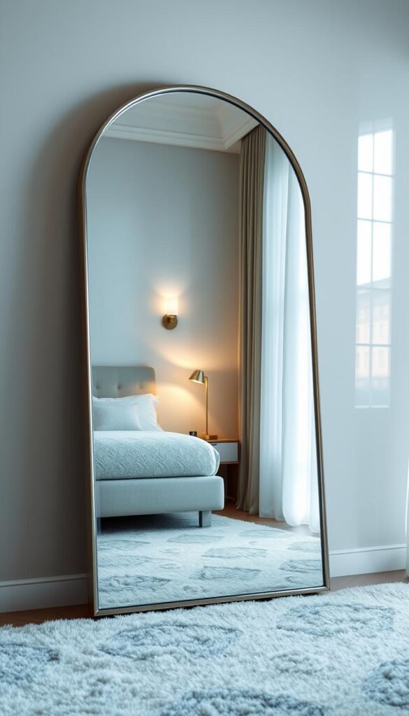 a highly detailed, arched floor mirror with a sleek, contemporary frame, placed prominently in a modern bedroom setting. The mirror reflects the elegant, minimalist décor, including a plush, textured rug, subtle lighting from wall sconces, and a window with sheer curtains that let in soft, natural light. The mirror's curved shape adds a harmonious, architectural element to the space, while its polished metal finish complements the room's neutral color palette. The overall mood is one of understated sophistication and tranquility, creating a serene and inviting atmosphere.