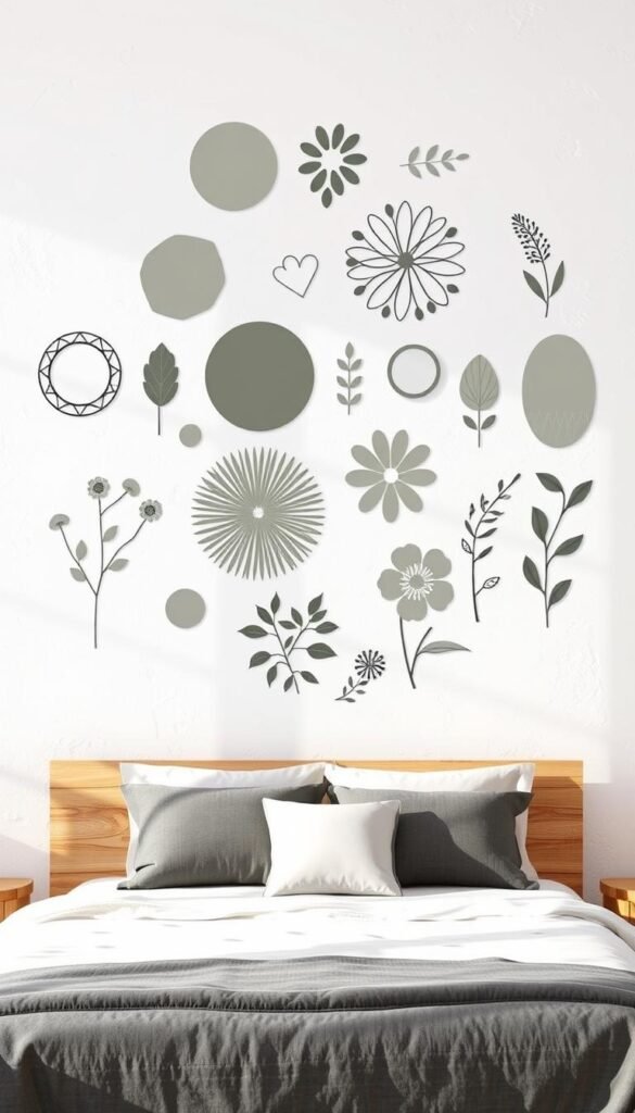 a highly detailed, photorealistic image of various custom wall decal designs in a harmonious, aesthetically pleasing arrangement. the decals feature a variety of abstract shapes, geometric patterns, floral motifs, and minimalist silhouettes in a muted, earthy color palette of soft grays, greens, and browns. the decals are displayed on a pale, textured wall in a bright, natural light setting, creating a serene, calming atmosphere. the composition is balanced and visually striking, showcasing the versatility and design possibilities of custom wall decals to enhance a bedroom's aesthetic.