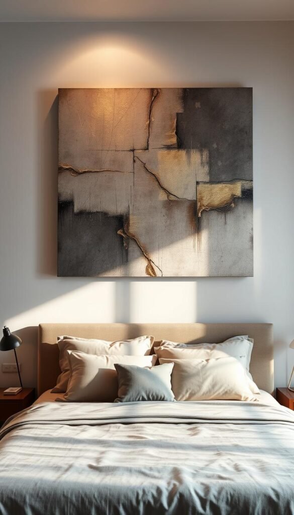 a large, dramatic statement wall piece in a modern, minimalist bedroom setting. a textured, abstract canvas or wall sculpture with bold, expressive brushstrokes or geometric shapes in a harmonious color palette of neutral tones and metallic accents. the piece is dramatically lit from the side, creating deep shadows and highlights that add depth and drama. the lighting casts a warm, cozy glow throughout the space, creating a serene and inviting atmosphere. the wall piece is the focal point, commanding attention and adding a striking visual impact above the bed. a large, dramatic statement wall piece in a modern, minimalist bedroom setting. a textured, abstract canvas or wall sculpture with bold, expressive brushstrokes or geometric shapes in a harmonious color palette of neutral tones and metallic accents. the piece is dramatically lit from the side, creating deep shadows and highlights that add depth and drama. the lighting casts a warm, cozy glow throughout the space, creating a serene and inviting atmosphere. the wall piece is the focal point, commanding attention and adding a striking visual impact above the bed.
