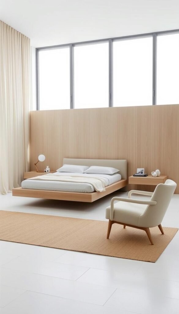 a minimalist furniture selection in a bright, airy bedroom with large windows and natural light, featuring a low-profile platform bed with clean lines, a sleek floating nightstand, and a minimalist armchair in a neutral color palette. Soft textures like a woven rug and sheer curtains create a calming, understated atmosphere. The composition is balanced and symmetrical, with the furniture arranged to create a sense of openness and simplicity. The lighting is soft and diffused, accentuating the natural materials and subtle details of the pieces. The overall effect is one of elegant restraint and functionality, reflecting the principles of minimalist bedroom decor.